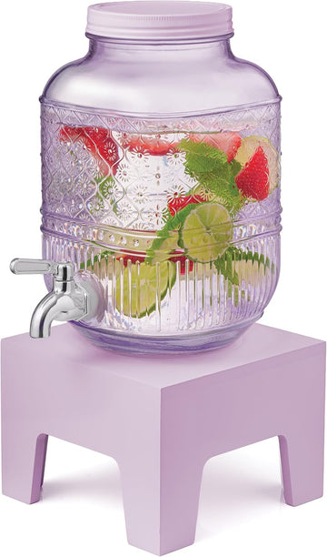 Beverage Dispenser 1 Gallon, Glass Drink Dispenser with Wooden Base Stand, Wide Mouth Jar for Lemonade, Iced Tea