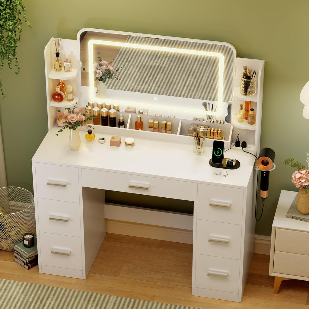 Makeup Vanity Desk with Large Mirror and LED Lights, Vanity with Power Strip and Hairdryer Holder, 6 Open Shelves and