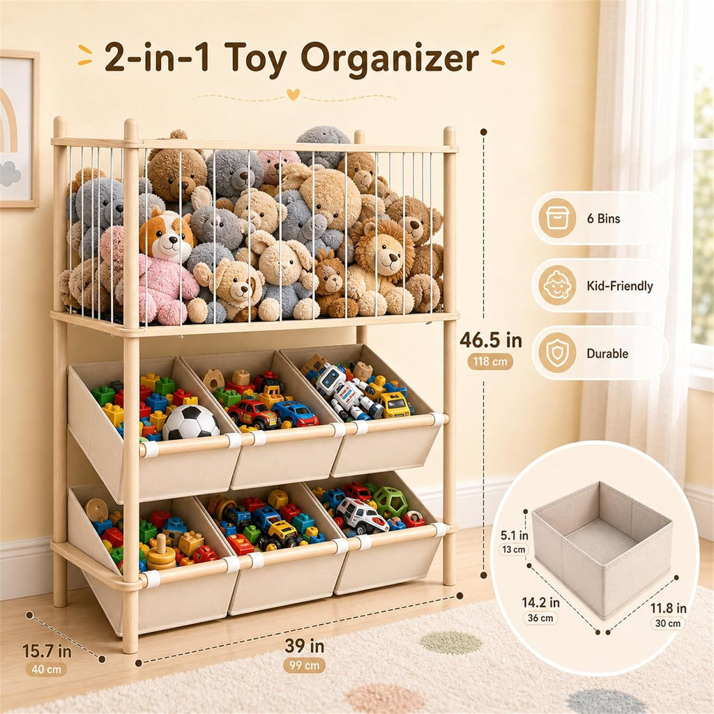 2-in-1 Stuffed Animal Storage & Toy Organizer for Kids Rooms, 6 Bins | Wooden stuffed animal and toy organizer with