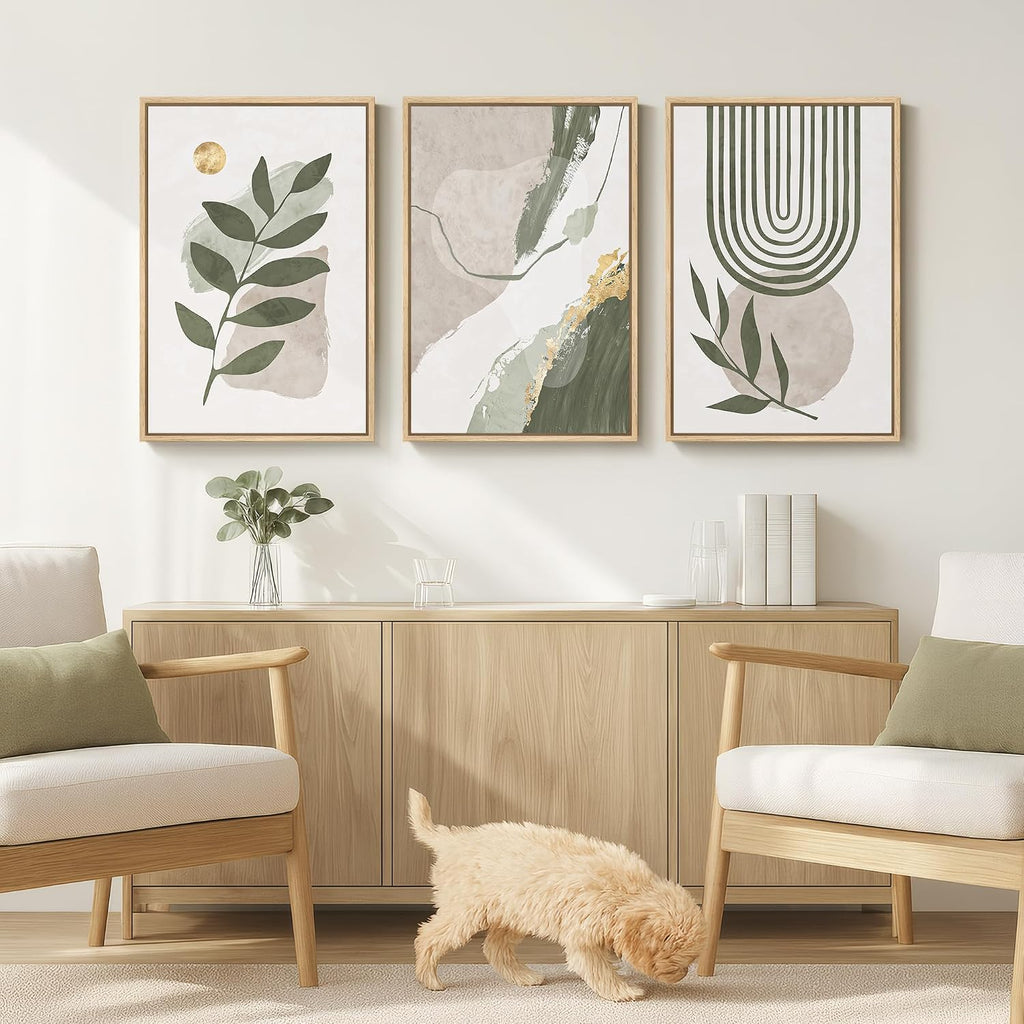 Large Framed Boho Sage Green Abstract Wall Art, 3 Piece Leaf Botanical Canvas Artworks Decor, Minimalist Geometric