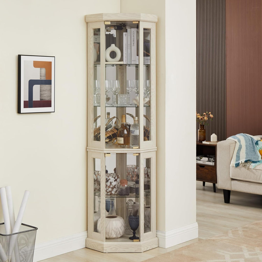 70" Corner Glass Display Cabinet with Adjustable Shelves, for Collectibles, Storage Curio Cabinet with Side-Hung Pane