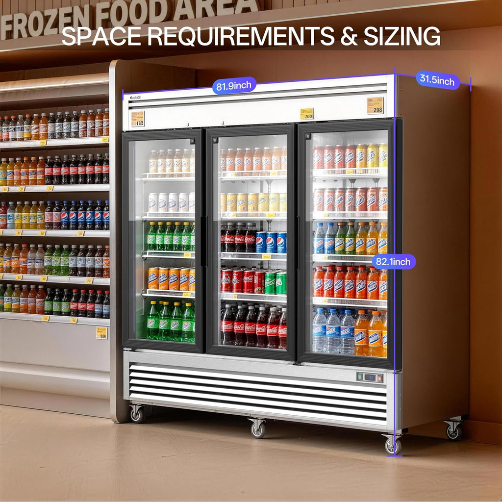 82" W 3-Door Commercial Beverage Refrigerator, 78.2 Cu.ft Glass Door Display Coo