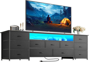 70 Inch TV Stand for 75, 80 Inch TV, 11 Drawer Long Dresser with Power Outlets and LED Lights, Entertainment Center