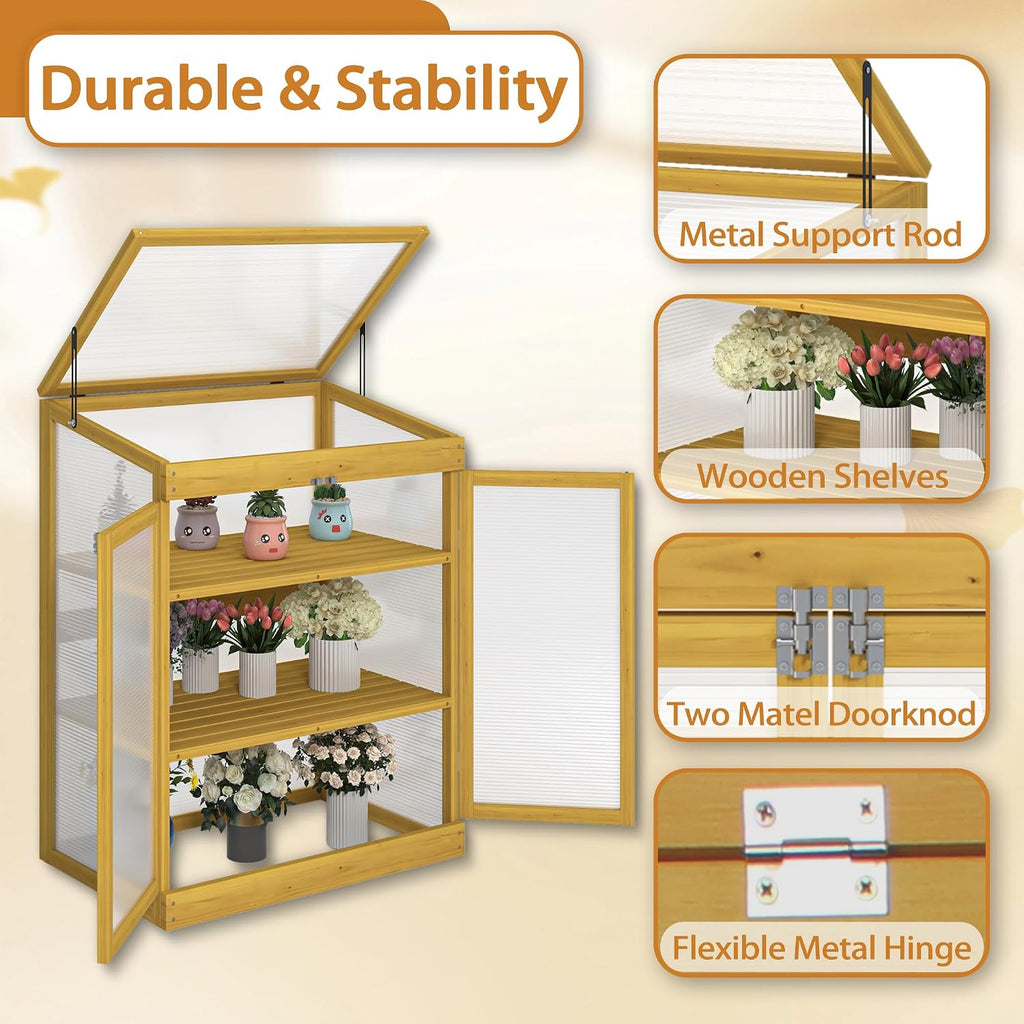 Outdoor Garden Greenhouse Cabinet with Polycarbonate Panels and Adjustable Shelves - Cold Frame Mini Greenhouse for