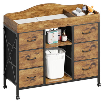 Changing Table, 6-Drawer Dresser, Adjustable Shelves, Rustic Brown | Changing Table,Waterproof Diaper pad & Safety