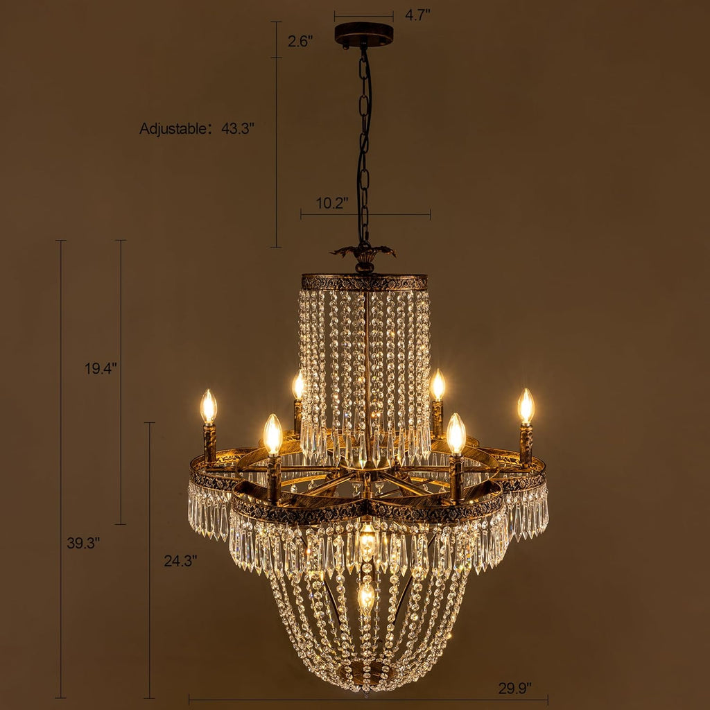 French Empire Crystal Chandelier, 30" Crystal Chandeliers for for Dining Room, Rustic Farmhouse Chandelier for Living Room, Antique Bronze Pendant Light Fixture for Bedroom, Foyer, Entryway