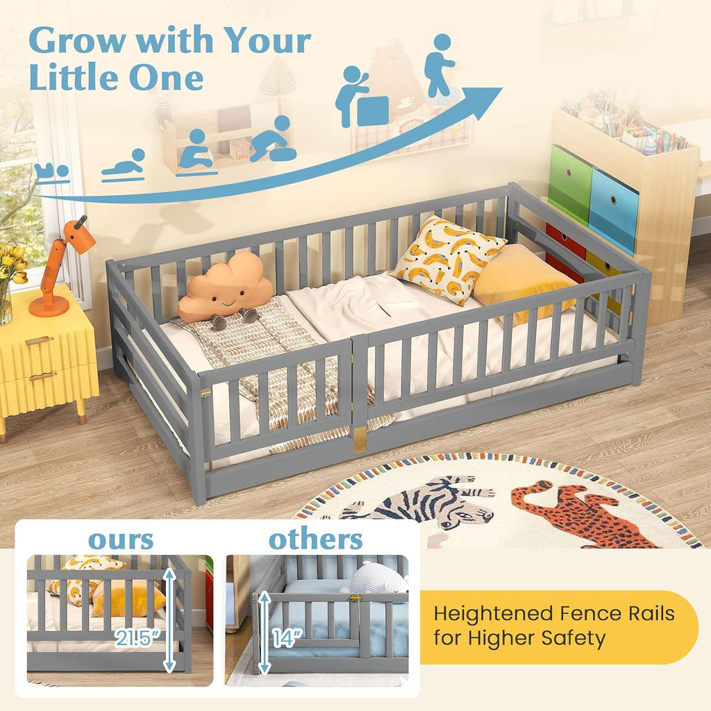 Twin Floor Bed with High Fence & Door, Montessori Floor Bed with 21.5" Safety Guardrails, Solid Wood Twin Beds Frame