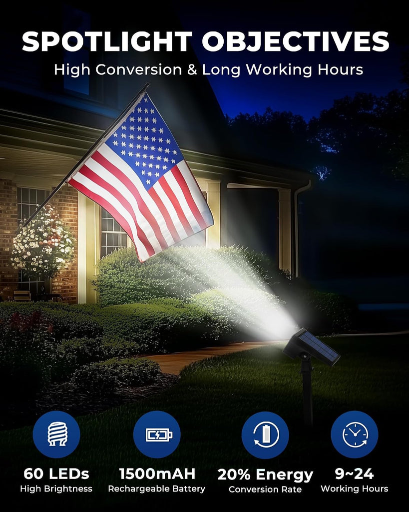 Solar Lights Outdoor Waterproof IP67, 60 LED 3 Lighting Modes Solar Spot Lights Outdoor for Yard Garden Pathway