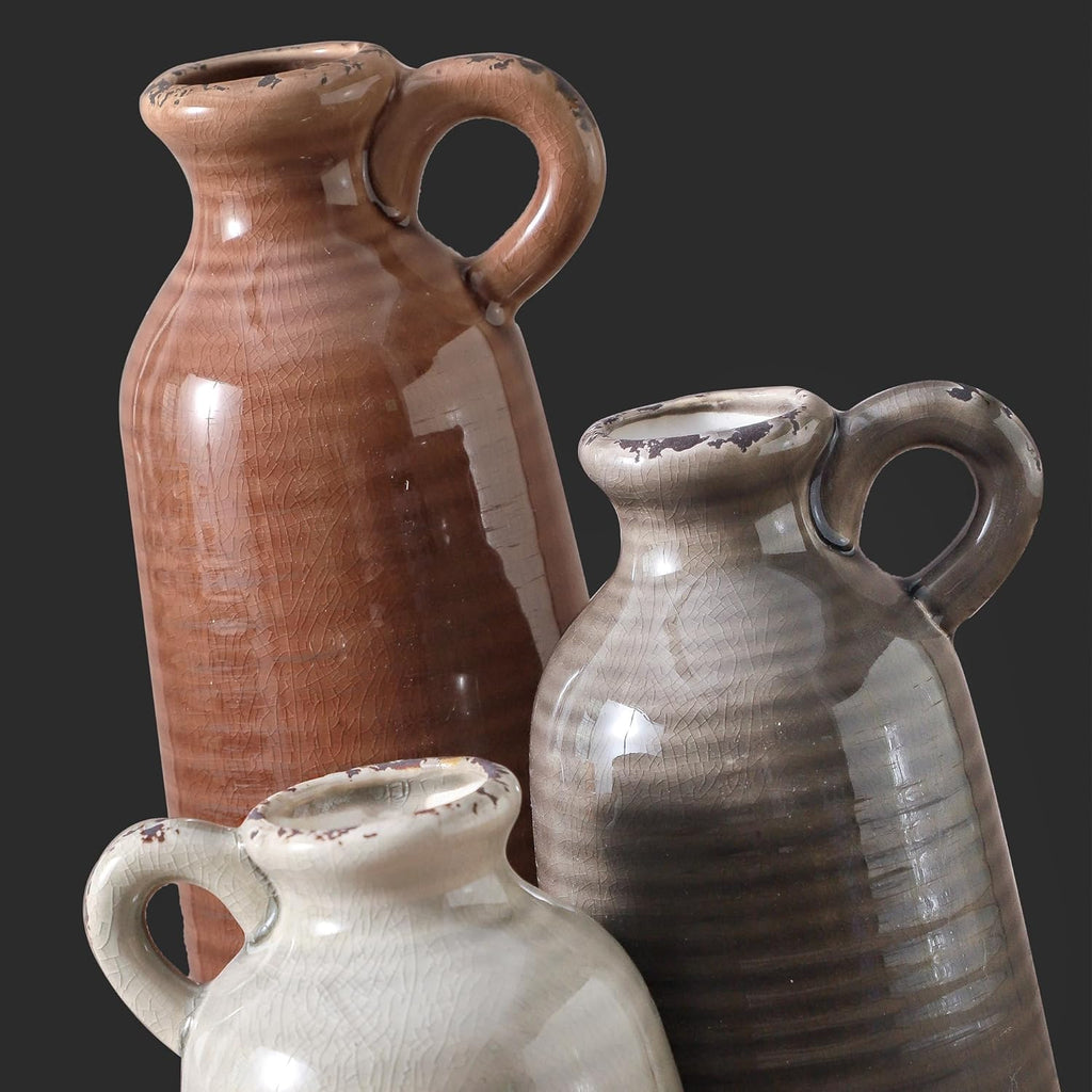 Ceramic Vases Set of 3, Neutral Rustic Farmhouse Vase with Handle, Decorative Flower Vases Home Decor Modern Boho