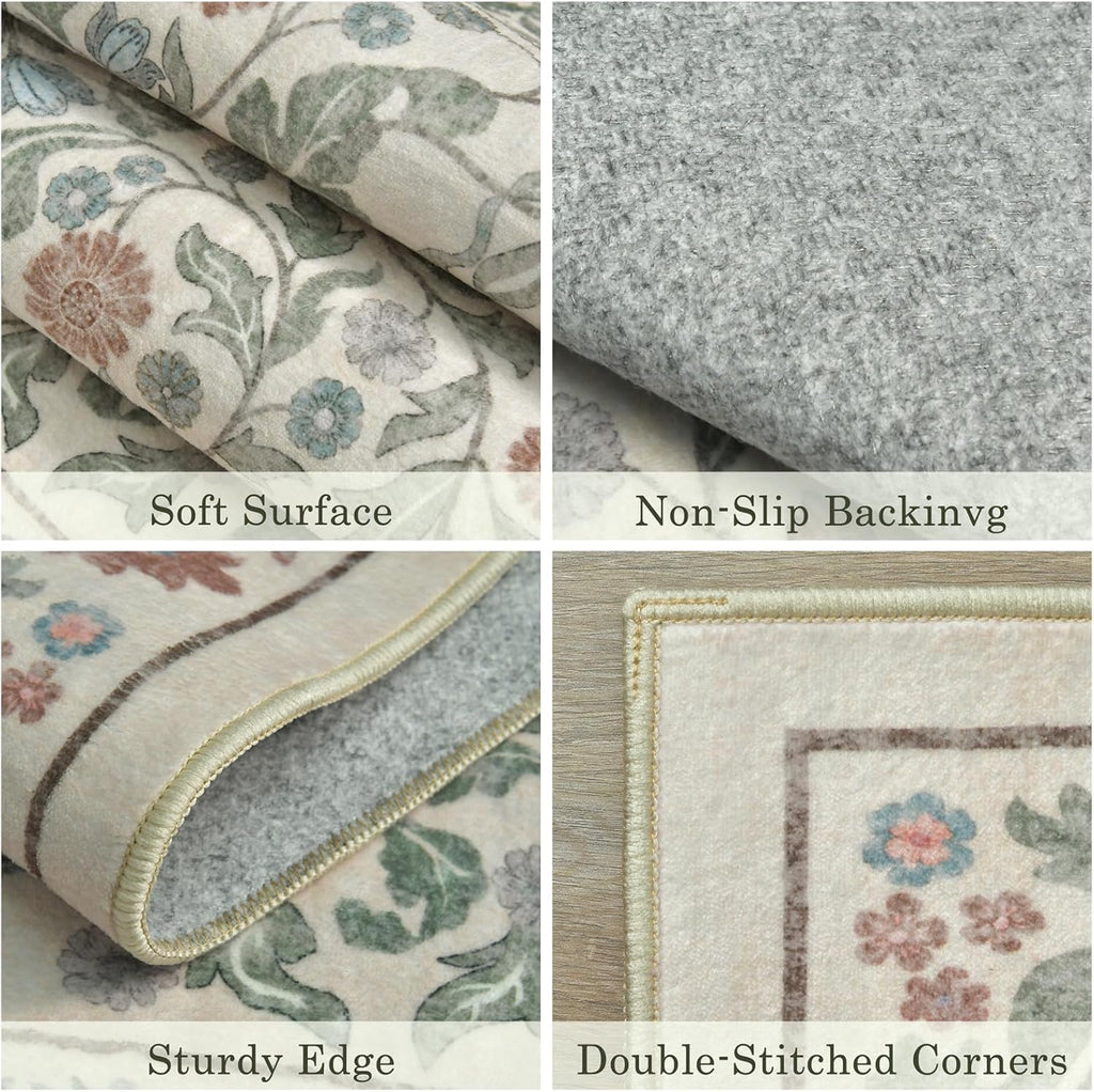 Floral Indoor Entrance 3x5 Area Rug, Washable Vintage Boho Entryway Rugs, Low Pile Non Slip Soft Car