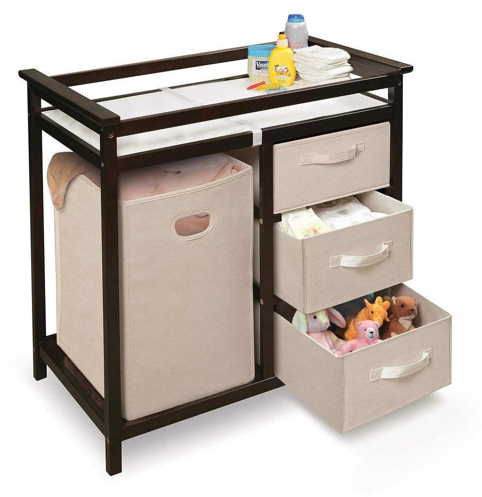 Modern Baby Changing Table - Diaper Changing Station with Laundry Hamper, 3 Storage Drawers, Changing Pad, and Safety