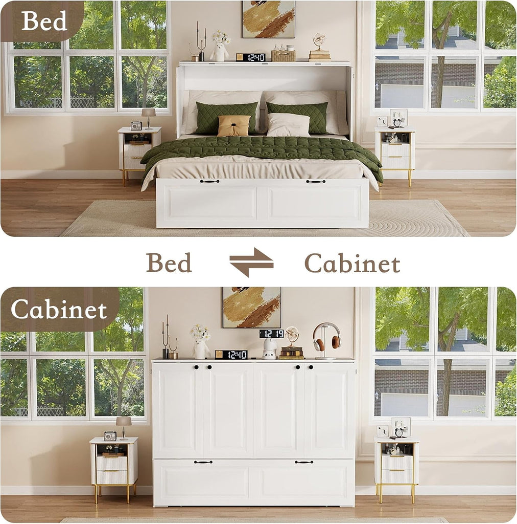 Full Murphy Bed Cabinet: White 2 in 1 Murphy Bed, Wood Cabinet Beds with Storage Drawer, Foldable and Charging