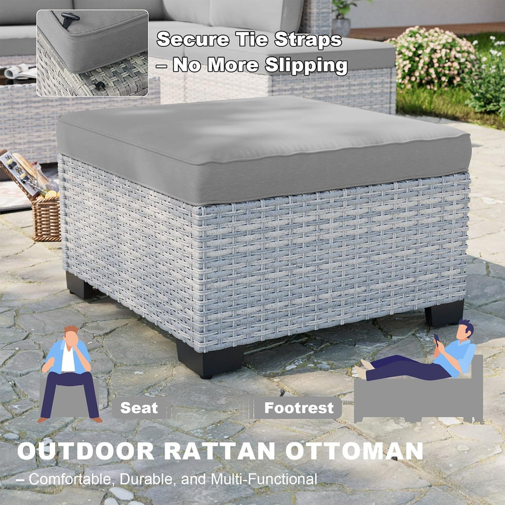 Outdoor PE Wicker Rattan Modular Patio Sectional Sofa Set | 9-Piece: 6 Modular Seats, Coffee Table & 2 Ottomans, Grey
