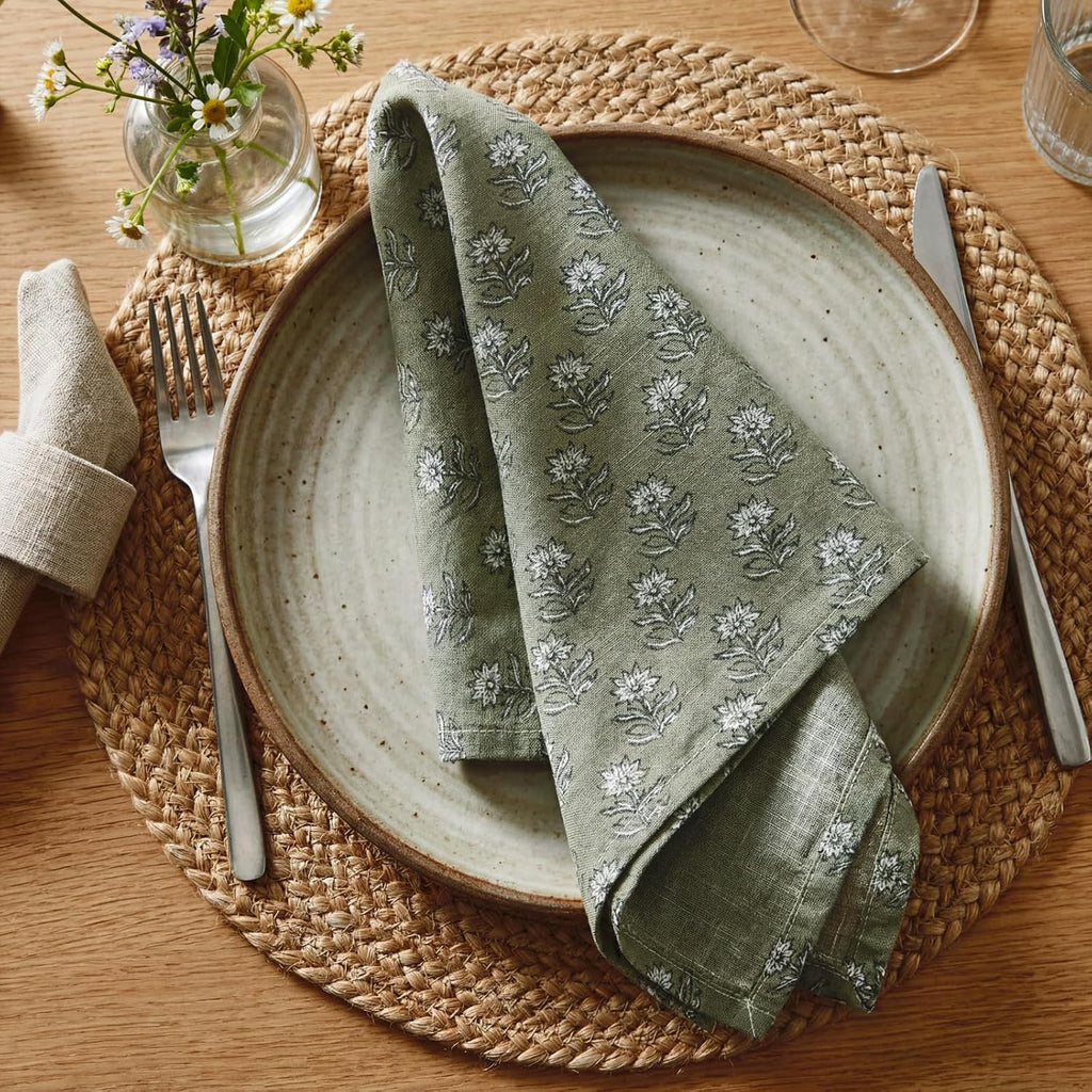 Set of 12 Floral Cloth Napkins Green Linen Cloth Napkins