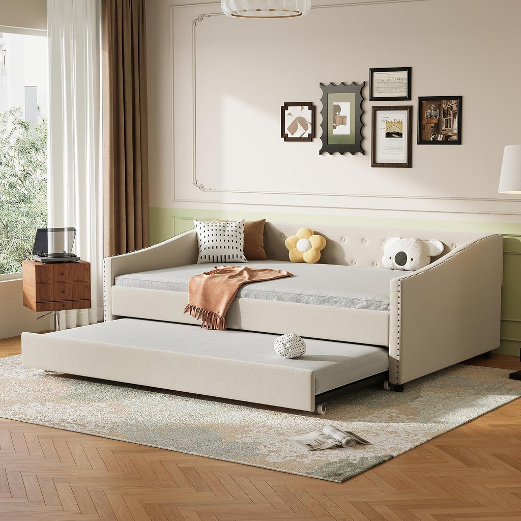 Full Size Upholstered Daybed with Trundle | Twin Size Trundle,Button-Tufted Back, Piping on Waved-Shape Arms, Solid