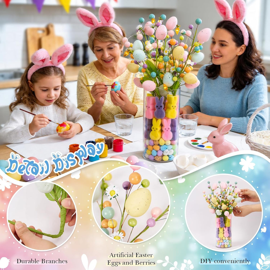 Artificial Easter Berry Picks Branches with Vase, Easter Egg, Bunny, Easter Table Decor, Spring Flowers Picks - Set of 3