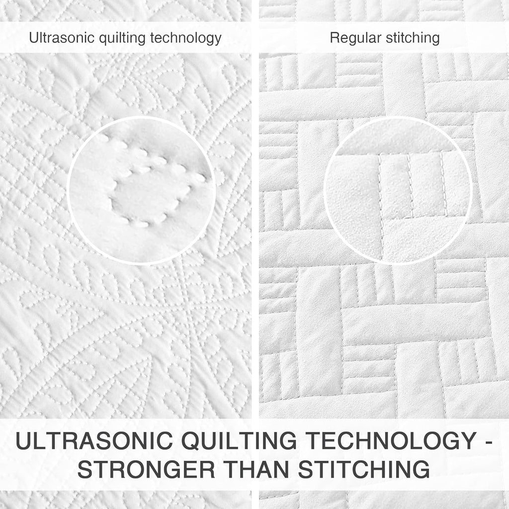 King Quilt Set White Bedspreads - Soft Bed Summer Lightweight Bedspread Comforter - Modern Style Coin Pattern - Set of 3