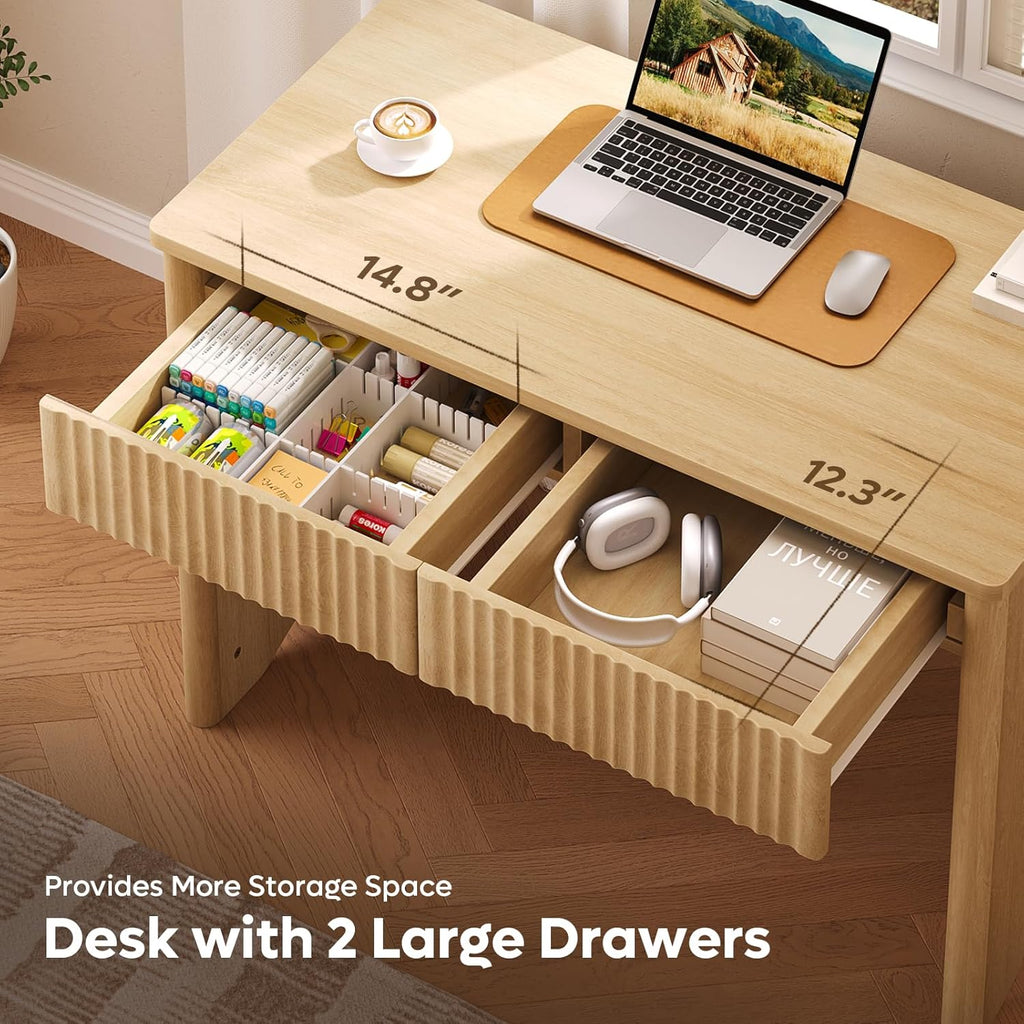 Fluted Computer Desk with 2 Drawers, 40 Inch Small Wooden Writing Study Work Desk, Computer Table