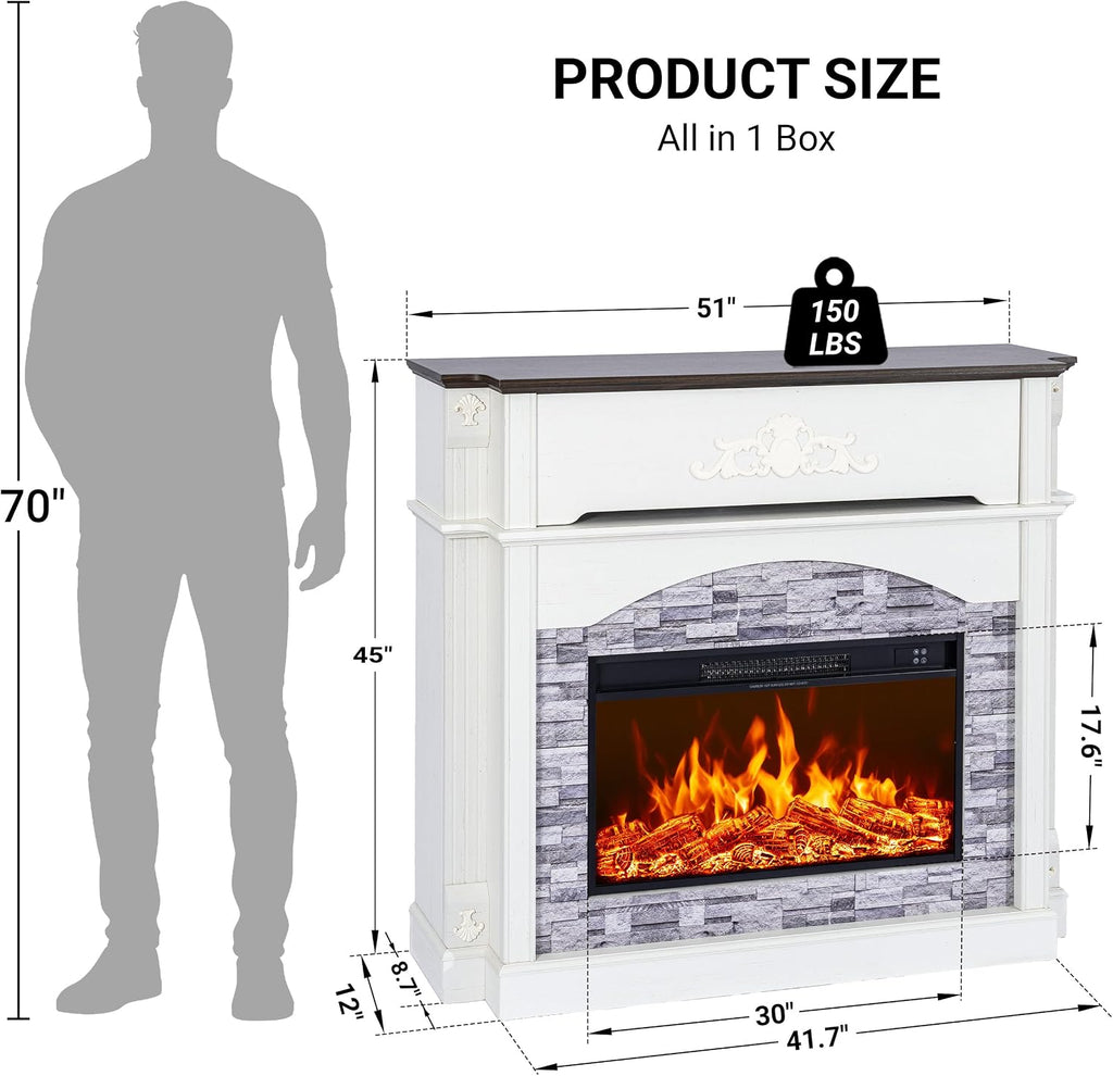 51" Electric Fireplace with Mantel, 45" Tall Carved Farmhouse Entertainment Center TV Stand with Storage Cubby and 30'' Freestanding Electric Fireplace for Living Room, White