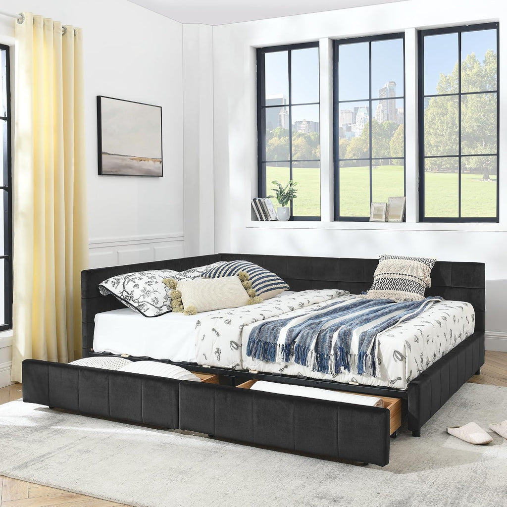 Queen Size Daybed with Storage Drawers, Upholstered Corner Bed with L Shaped Headboard, Velvet Daybed Frame Guest