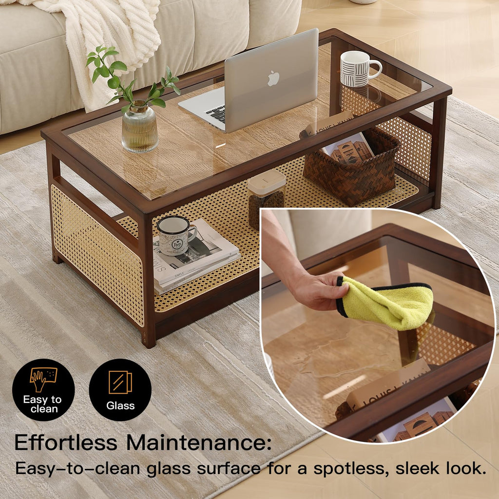 Rattan Coffee Table, 2-Tier Rectangle Center Table, 47.5", Walnut