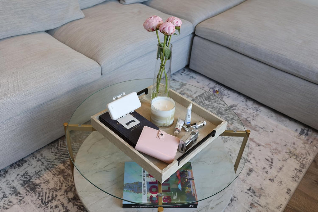 Sagala 16"x16" Ivory Shagreen Leather Serving Tray with Handles for Ottoman Coffee Table, Stylish Decorative Tray