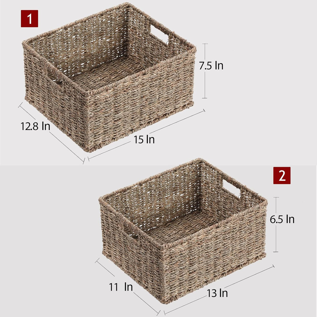 Large Wicker Baskets for Storage, Seagrass Baskets with Dual Handles, Woven Set of 2, Natural
