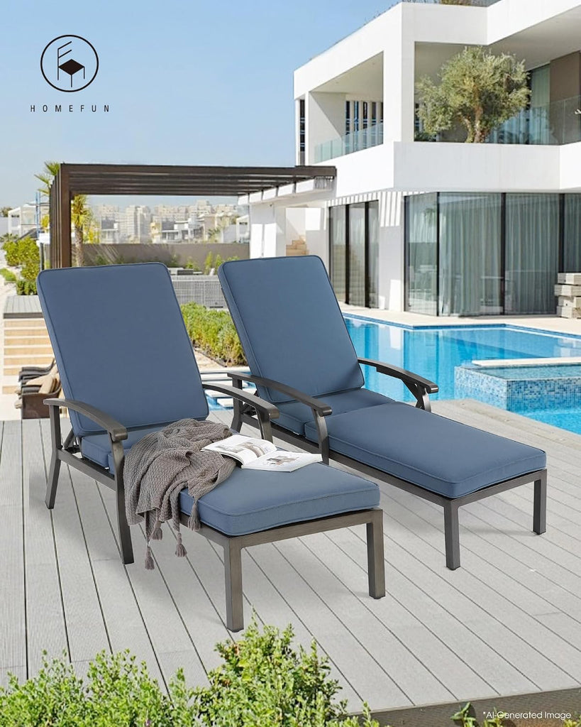 Chaise Lounge Chair Set of 2, Hand-Finished Wood Grain Cast Aluminum Reclining Loungers with Cushions, 5-Position