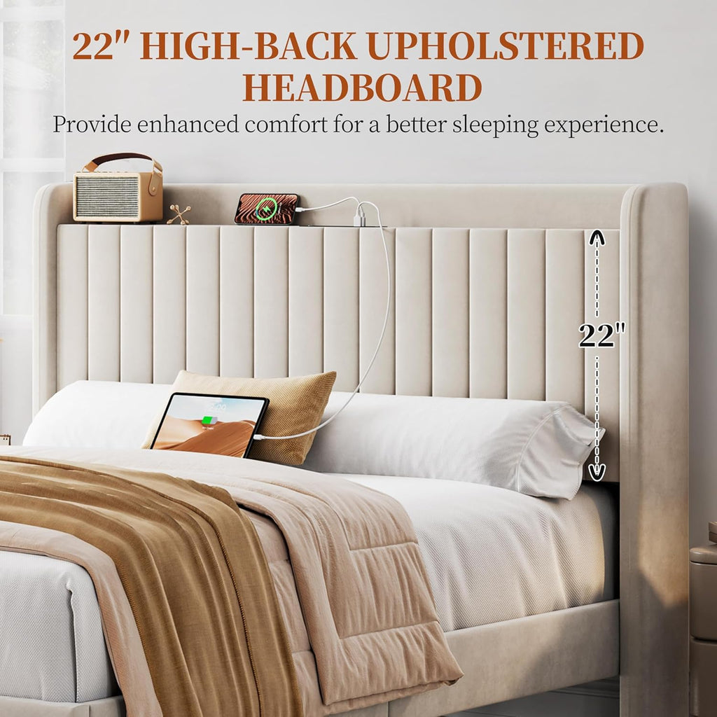 Queen Bed Frame with USB Charging Station and Storage Shelf/Upholstered Headboard Platform Bed with Wing Side/Wooden