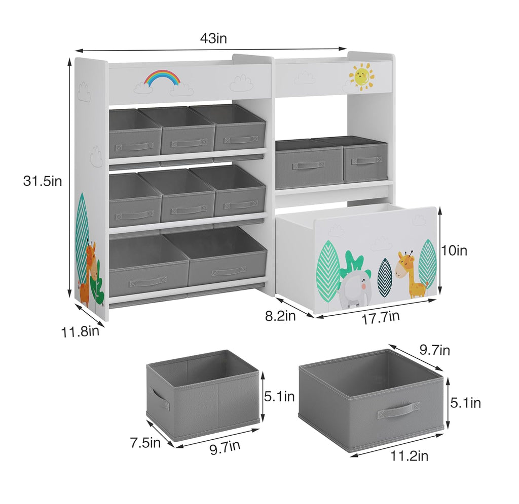 Kids Bookshelf, Toy Storage Organizer with Movable Toy Chest | Toddler Montessori Bookshelf with 10 Fabric Bins