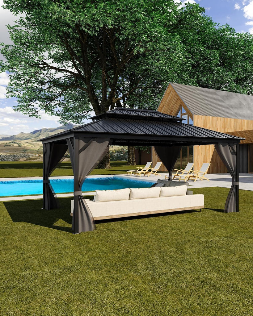 Hardtop Gazebo 12'x16' for All Weather, with Double Metal Roof, Aluminum Alloy Frame, Net, and Curtain