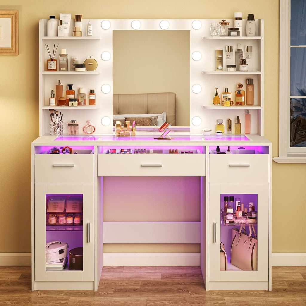 Vanity Desk, Makeup Vanity Desk with Mirror and Lights 3 Colors, Transparent Top with 3 RGB Drawers, 6 Shelves, 2