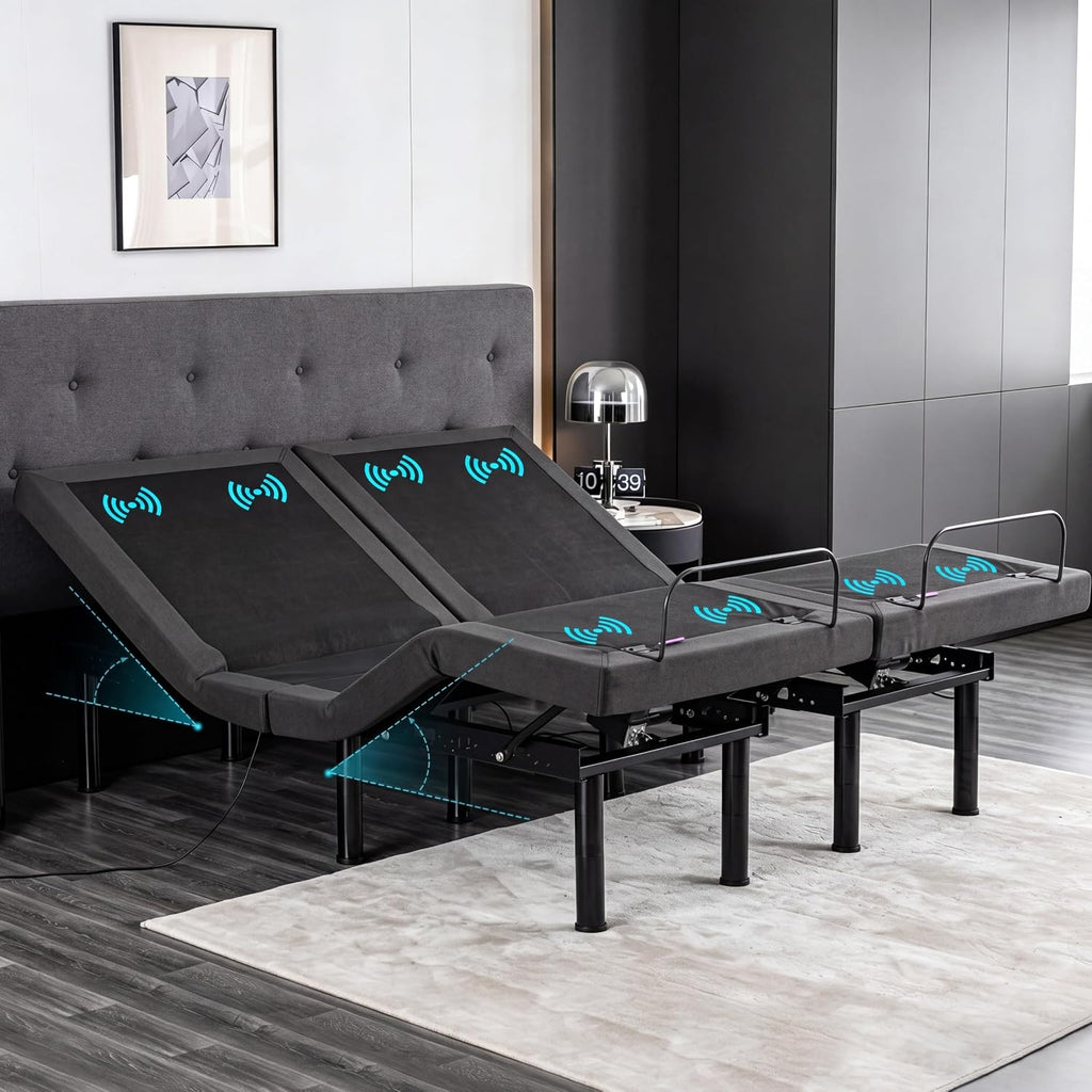 Split King Adjustable Bed Frame with Massage, 14 Inch Grey Gel Memory Foam Medium Firm Mattress in Box, Bed Base