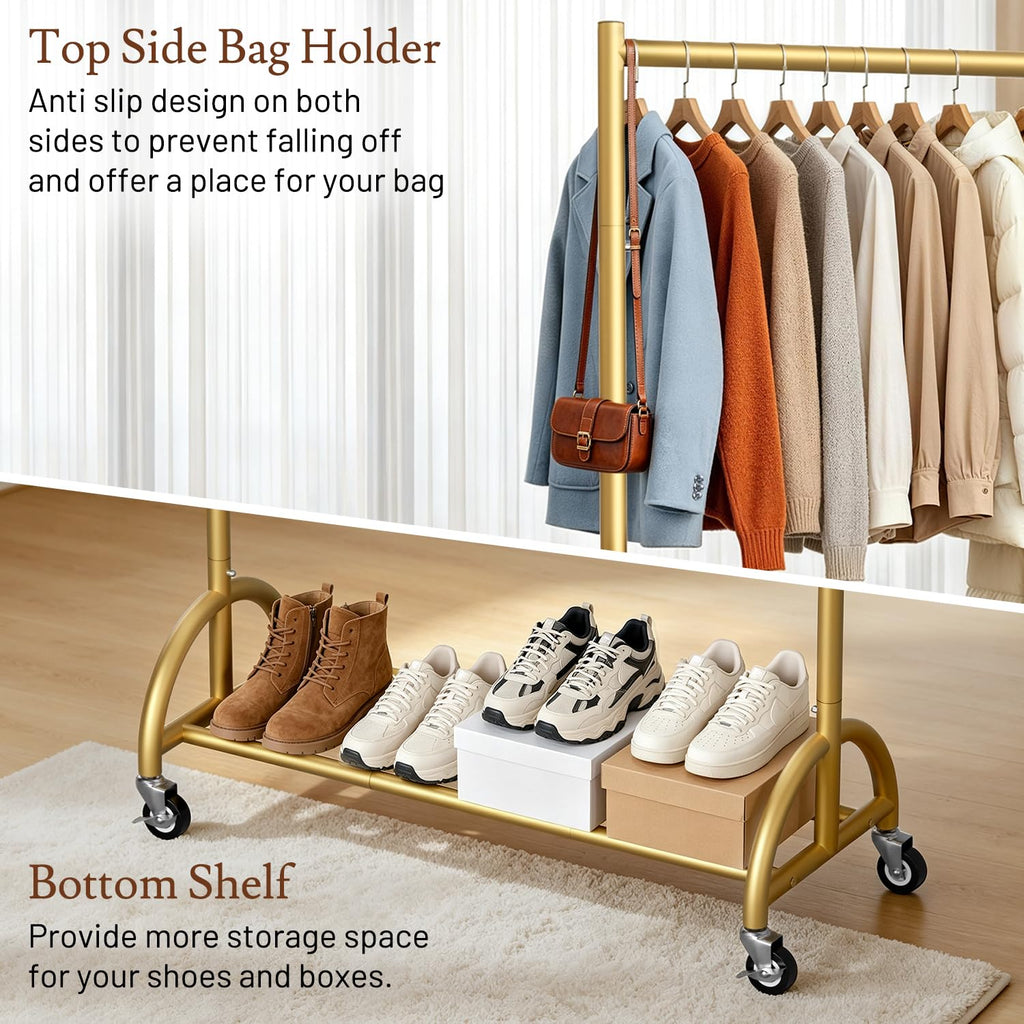 Heavy Duty Gold Clothing Rack for Hanging Clothes with Wheels