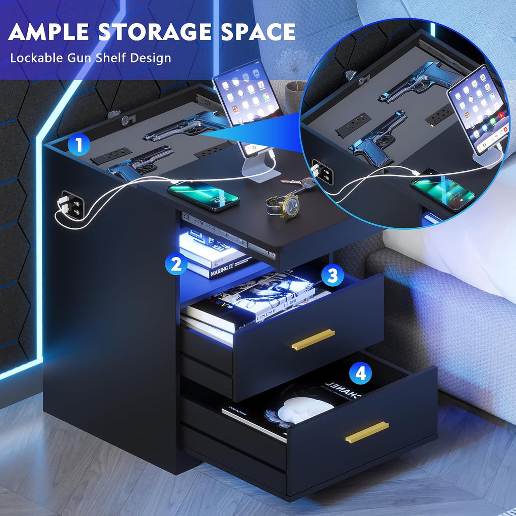 LED Night Stand with Gun Drawer , Charging Bedside Table with USB & Type-C Port, Modern End Table with Human Sensor