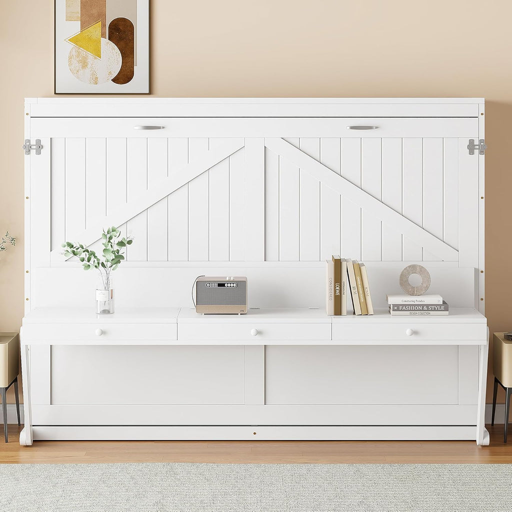 Wall Murphy Bed with Storage, Foldable Cabinet Bed with Vanity Desk, Center Mirror & 2 Side Drawers, Queen, White