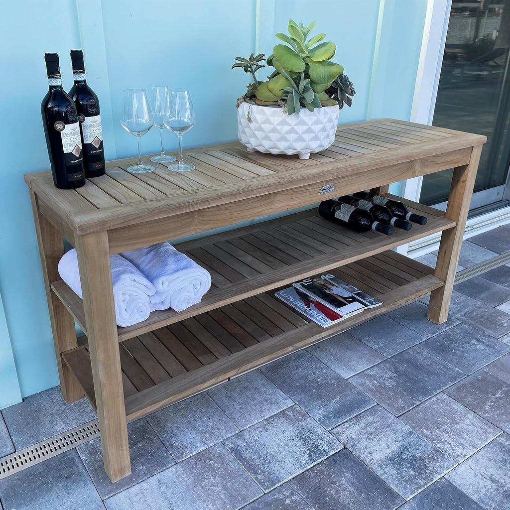 Console Table with Two Shelves, 60-Inch Rectangular Wooden Outdoor Teak Table with Storage Shelves, Outdoor Furniture
