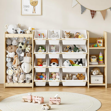 3-in-1 Toy Storage Organizer, Stuffed Animal Holder & 3-Tier Bookcase, Solid Wood Toy Organizer with 12 Storage Bins