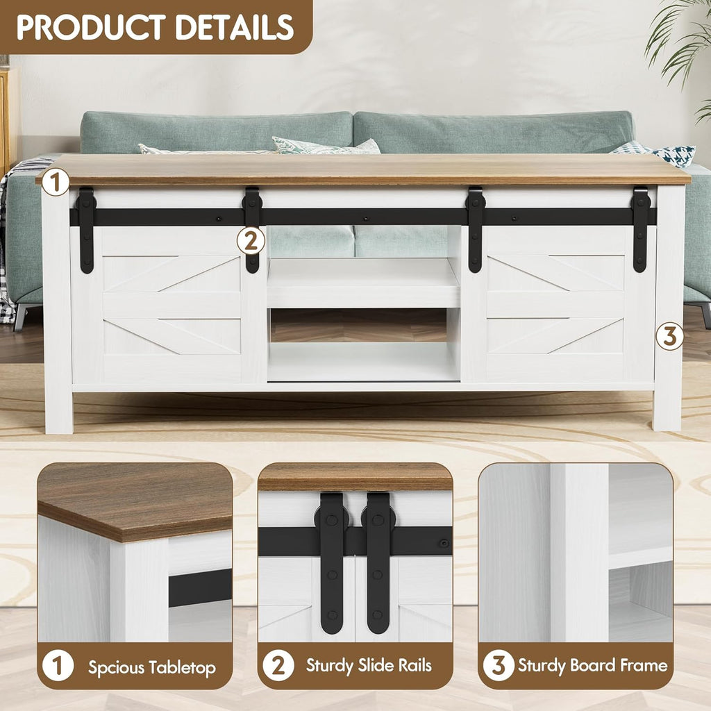 Farmhouse Coffee Table with Storage & Sliding Barn Doors, Modern Rustic Living Room Table with Adjustable Shelves