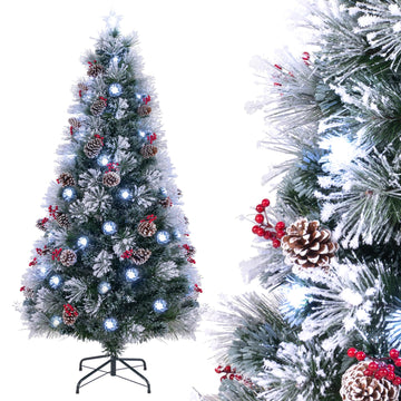 7 FT Pre-lit Fiber Optic Christmas Tree, Artificial Xmas Tree w/270 Snow-Flocked Branch Tips, 76 Cold White LED