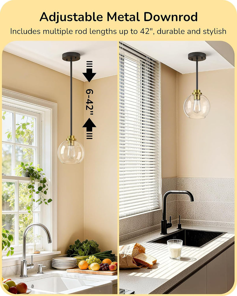 Mid Century Kitchen Pendant Lighting Over Island 2 Pack, Clear Glass Globe Shade, Hardwired Black and Gold Adjustable