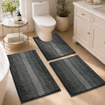 Bathroom Rugs Sets 3 Piece, Ultra Absorbent Non Slip Bath Mats | Quick Dry, Machine Washable, Chenille Gradient Bath