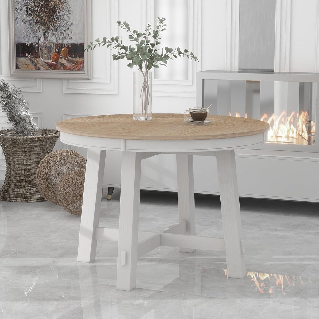 42"-58" Farmhouse Extendable Dining Table for 4-6, Solid Wood Round Dining Table with 16" Leaf & X-Shaped Base