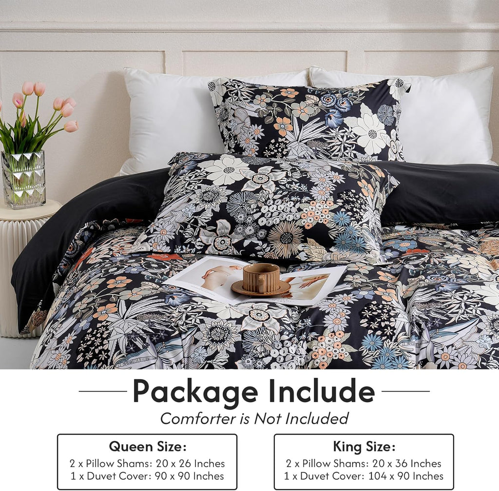 Flower 3 Pcs Duvet Cover Set, Breathable Soft Microfiber Black Lining Comforter Cover with Zipper Closure, and