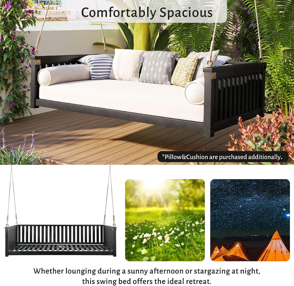 Black Wooden Porch Swing Bed with Safety Rails, 3-Seater Hanging Daybed Swing with Ropes, Outdoor Patio Bench Swing