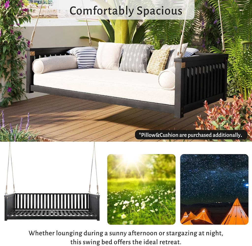Outdoor Porch Swing Bed, Twin Size Acacia Wood Hanging Daybed with Hemp Ropes, Minimalist Patio Swing Bed for Garden
