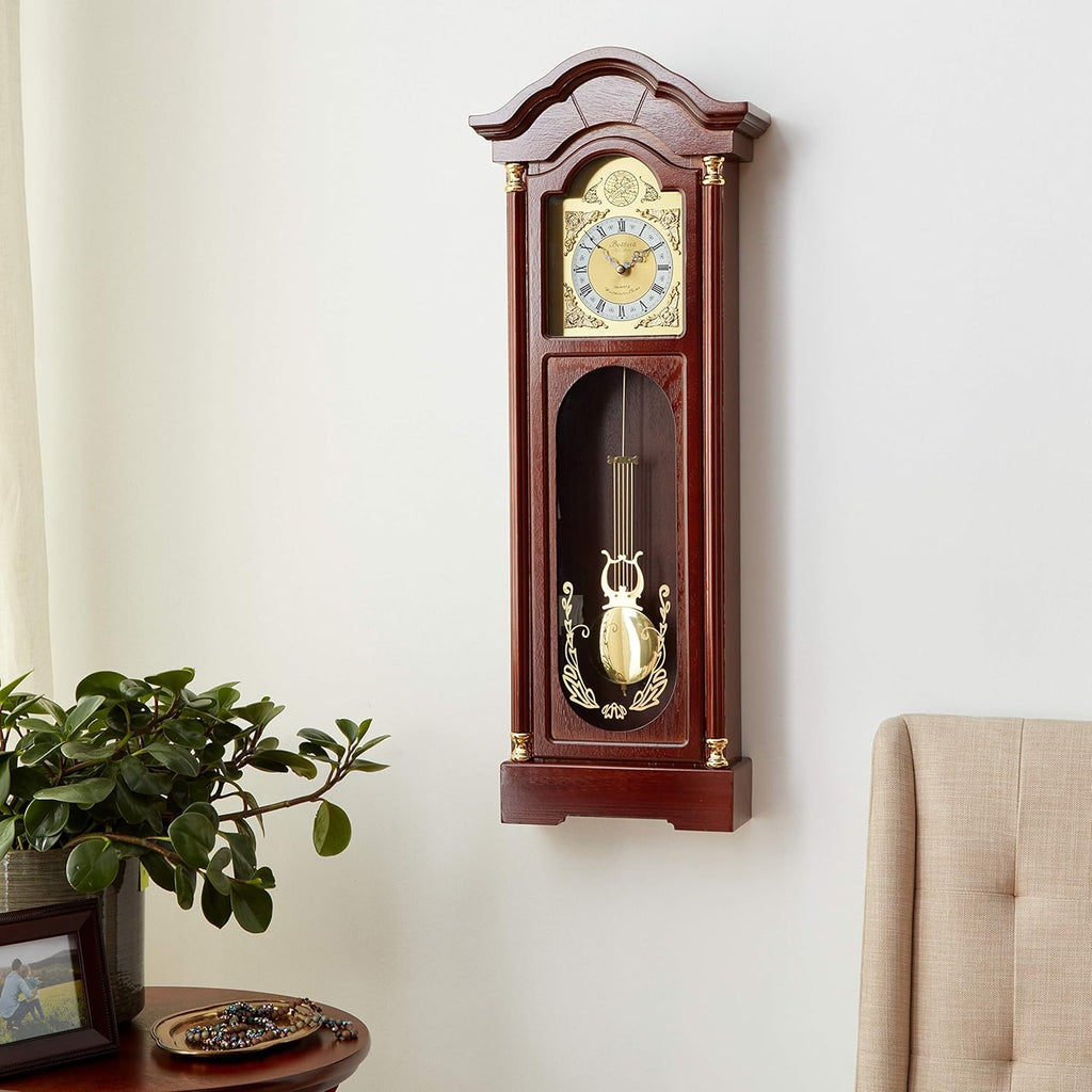 Bedford Clock Collection Antique Cherry Oak Finish Chiming Wall Clock with Roman Numerals, 33.25" L