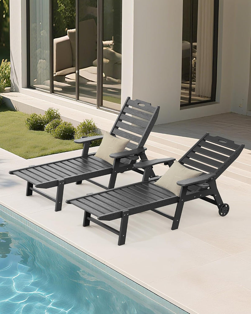 Lounge Chair Outdoor, HDPE Chaise Lounge with Wheels, 5-Position Adjustable Backrest & 2 Cup Holders Patio Lounge