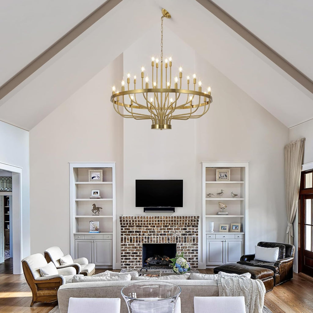 Gold Chandelier 24 Light Large Chandelier for High Ceilings, Farmhouse Wagon Wheel 39in 3-Tier for Dining Room, Hallway, Living Room, Foyer