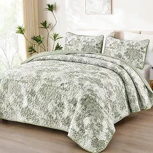 Sage Green Quilt Set King, Botanical Floral Bedspread - Set of 3